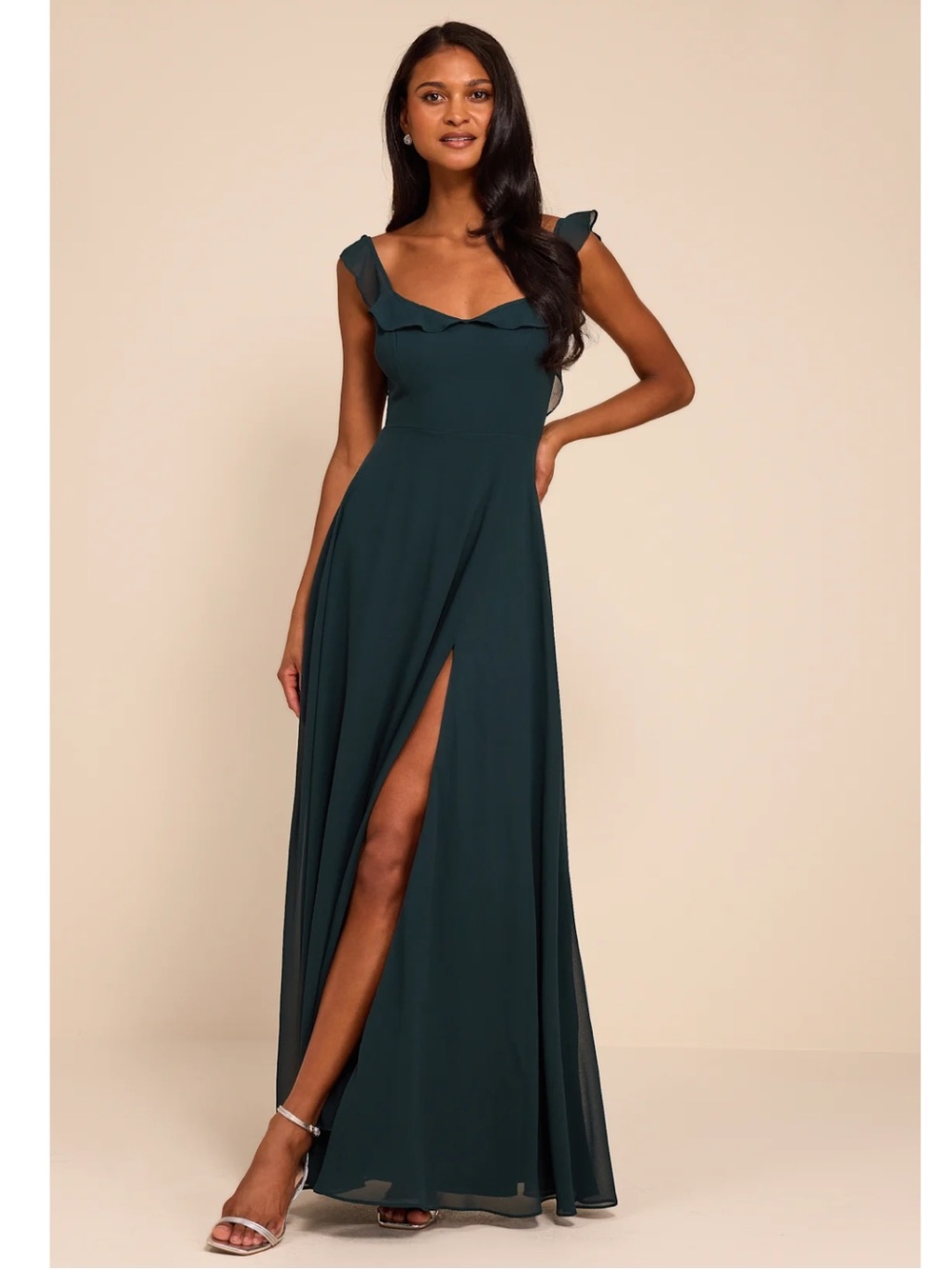 Lulus Dreamy Admiration Emerald Green Ruffled Straps Chiffon Maxi Dress Event XS